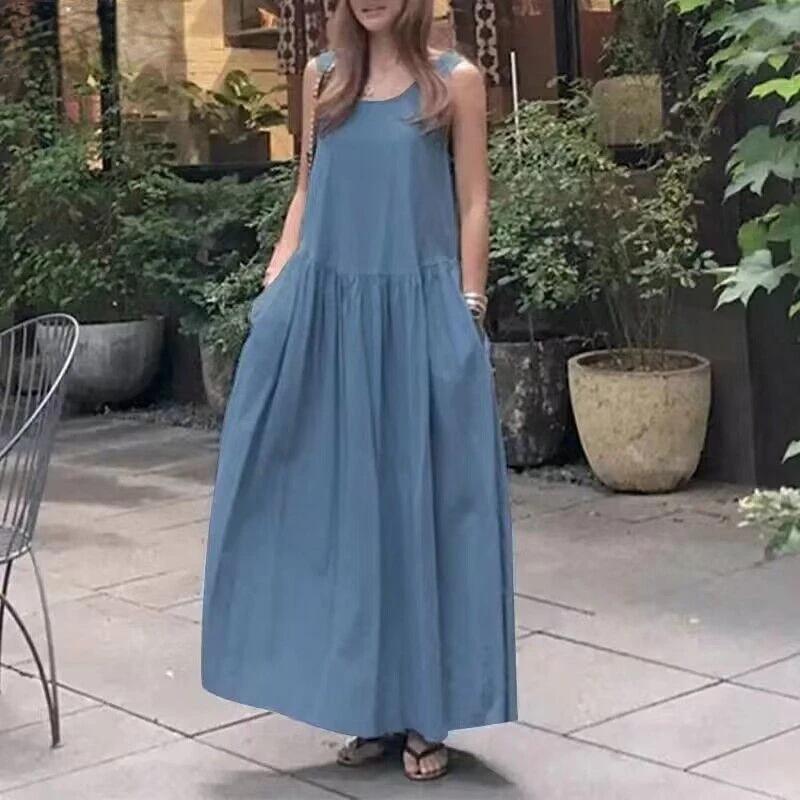 2024 Summer Cotton & Linen Sleeveless Loose Fit Round Neck Swing Dress