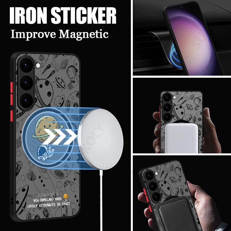 Kreskówkowy Astronauta Etui na Telefon Magsafe Dla Samsunga Galaxy S25 Edge S23 S22 S24 Ultra S24 S23 FE Matowe Akrylowe Pokrowiec z Żelaznym Pierścieniem