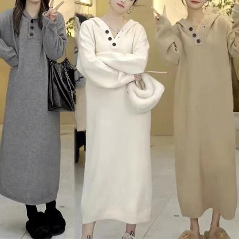 Autumn and Winter New Casual Hooded Knitted Dress Women's Loose Lazy Medium and Long Inner Sweater Skirt Tide