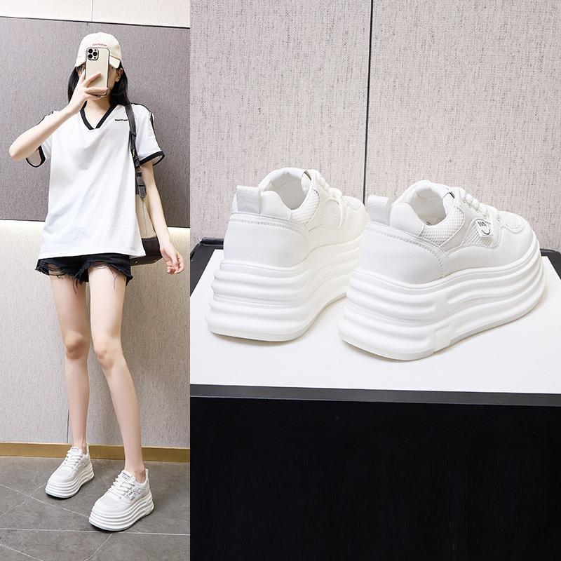 New thick-soled leather little white shoes women's mesh single shoes sports shoes women's inner height-increasing casual board shoes