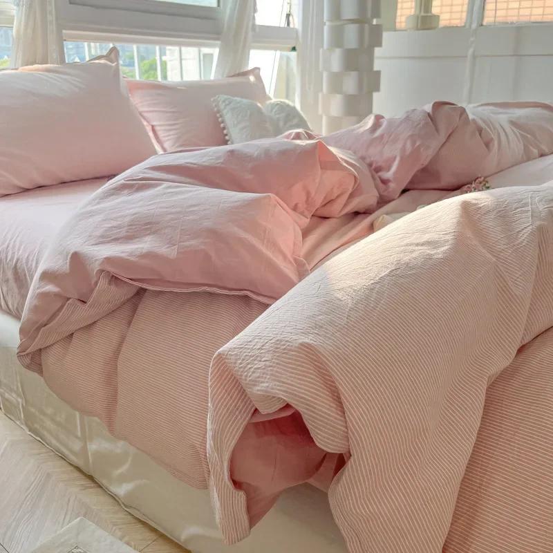 Fine Stripe Printed Bedding Set Washed Skin Friendly Naked Sleeping Comforter Cover Sets Comfortable Breathable Duvet Cover Kit