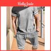 Fashion Casual Mens Solid Color Twopiece Set Including Round Neck Short Sleeved Tshirt And Drawstring Shorts