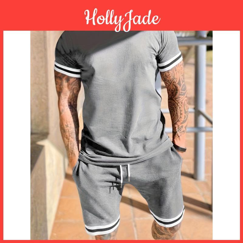 Fashion Casual Mens Solid Color Twopiece Set Including Round Neck Short Sleeved Tshirt And Drawstring Shorts