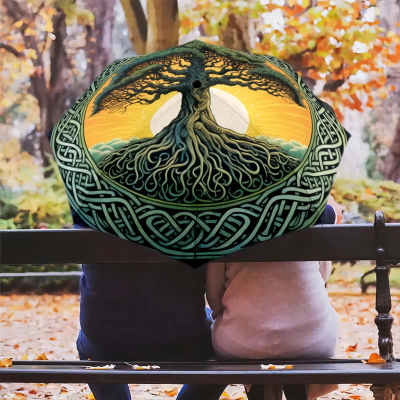 1PC Celtic Tree of Life Umbrella Portable Folding Umbrella Iron Frame Hole Bone Structure Outdoor Home Umbrella A15