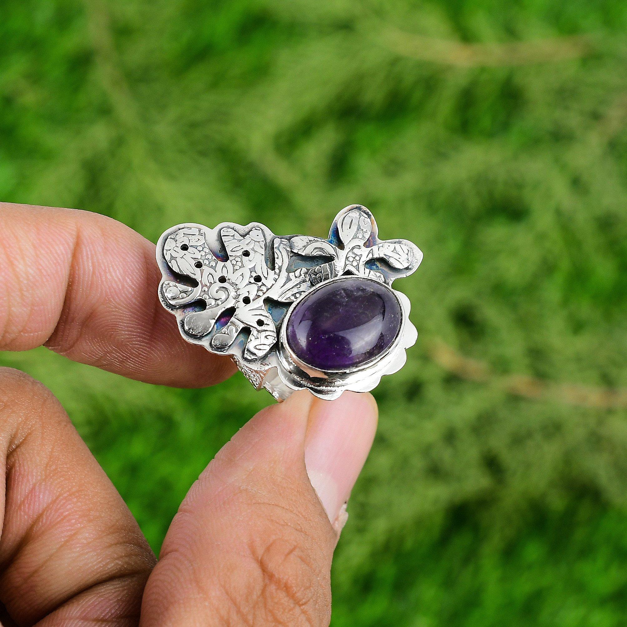 

Mothers day Deal Sterling Silver Natural African Amethyst Stackable Bezel Ring Adjustable