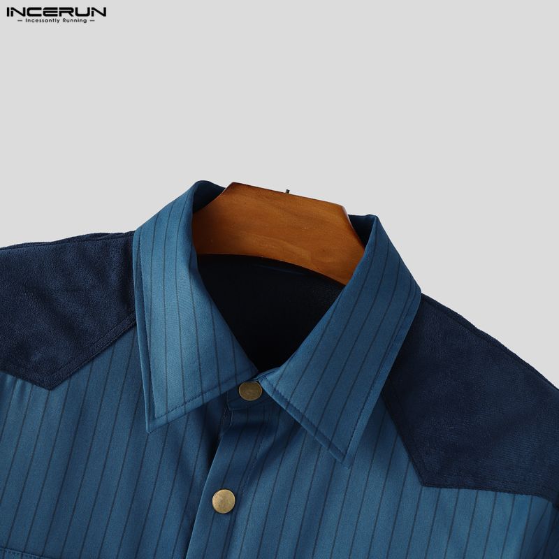 INCERUN S-5XL Men Lapel Neck Long Sleee Patchwork Striped Print Buttons Down Shirts