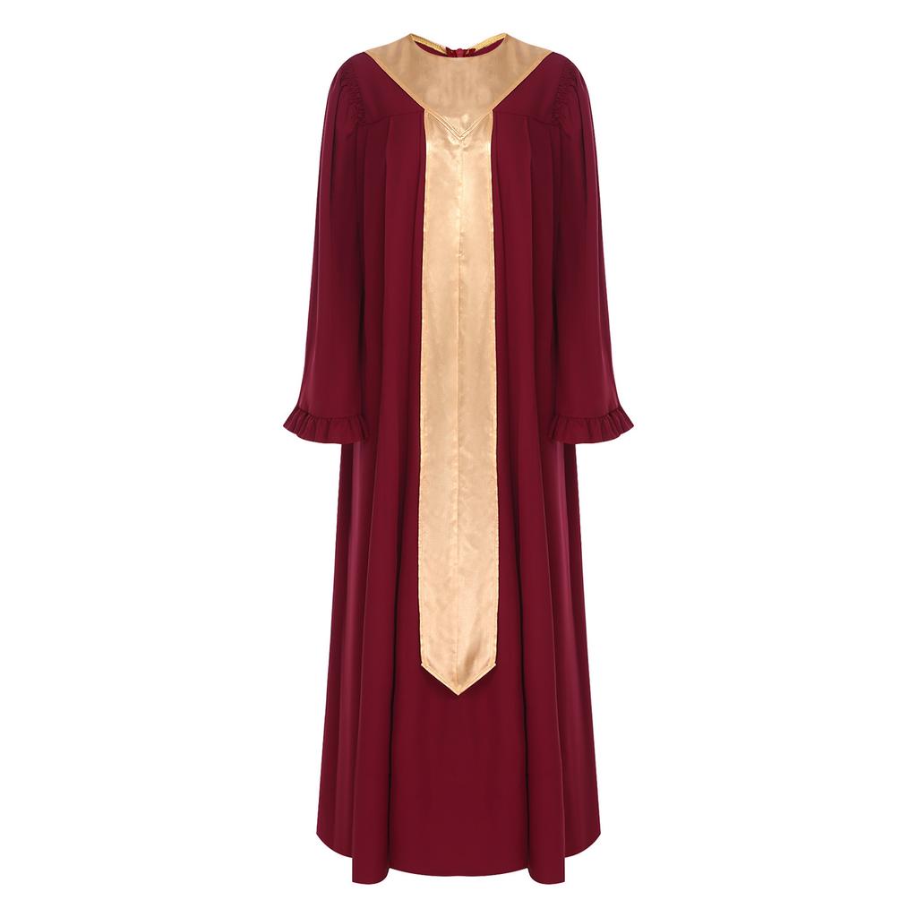 S-XXL Women Choir Robe Flared Long Sleeve Ruffled Trim Color Block Sash Long Priest Cassock for Church Activities