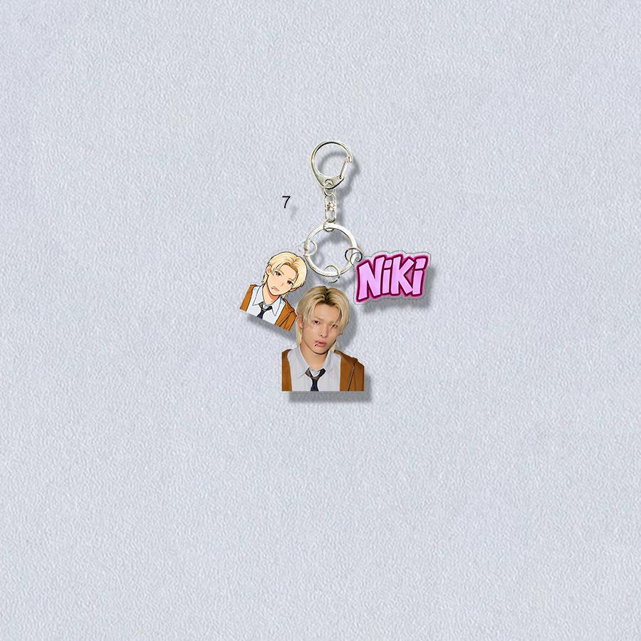 ENHYPEN Triple-Charm Acrylic Keychain, Idol Photo + Matching Cartoon + Nameplate Bag Pendant, Engene Fans Kpop Collectible Accessory