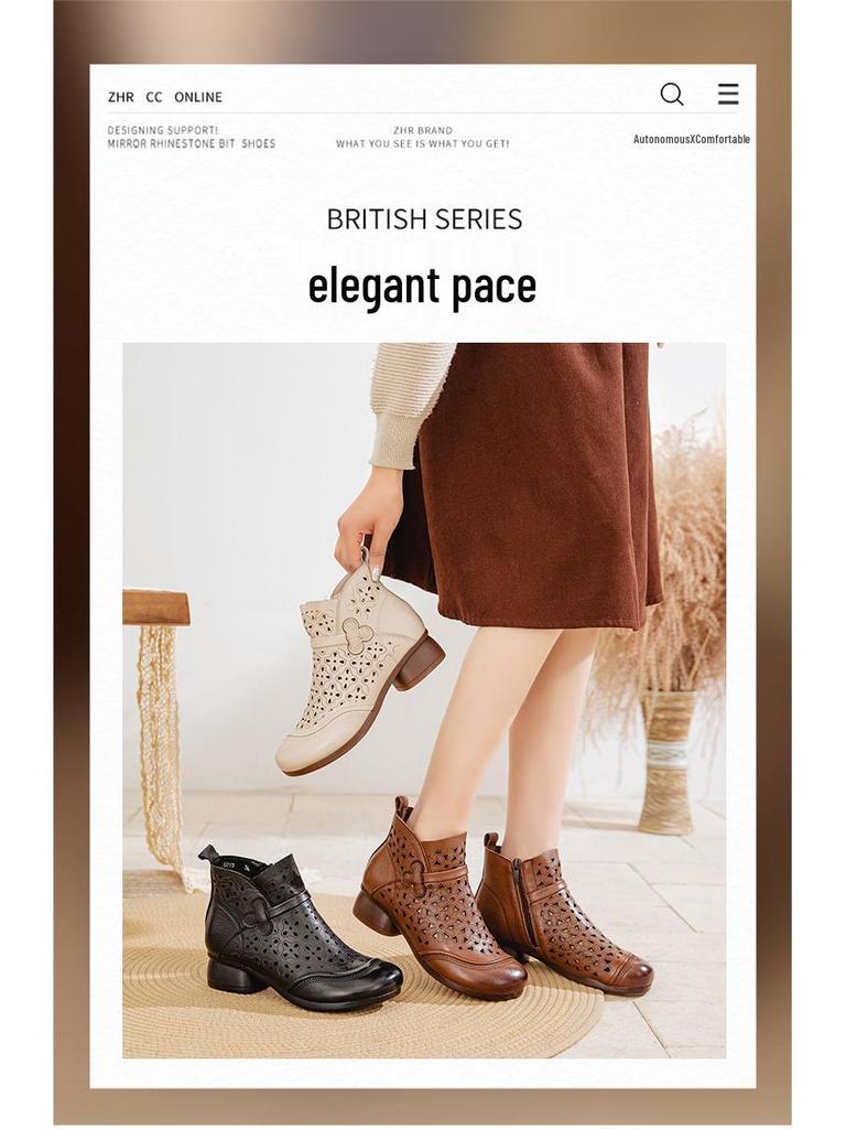 Letní retro vyřezávané kotníkové boty z hovězí kůže na robustním podpatku a se sandály s měkkou podrážkou pro ženy