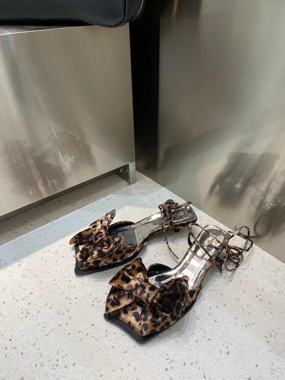 

мода Модные женские босоножки с бантом Летние туфли на тонком среднем каблуке Черные леопардовые туфли со шнуровкой Сексуальные туфли-лодочки для вечеринок Женские 7.5 леопардовый