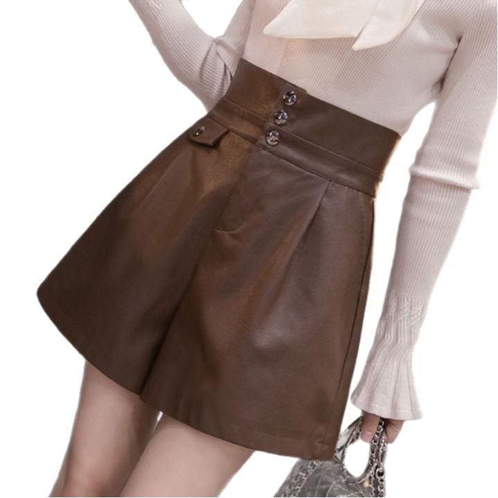 High-Waisted Coffee Leather Shorts for Women, 2024 Trendy Autumn/Winter A-Line Bootcut PU Pants, Perfect with Boots