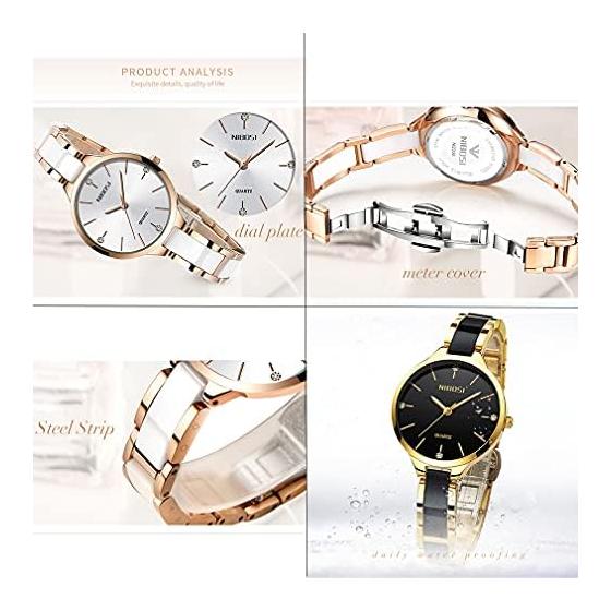 NIBOSI Women's Watch, Simple, Arm Watch, Ceramic, White, Waterproof, Analog, Quartz, Brand, Stylish, Casual, Business, Stainless Steel, For Women,