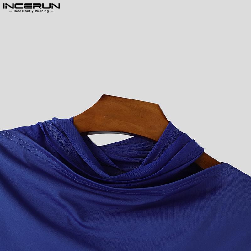 INCERUN Men Cutout Short Sleeve Irregular Patchwork Mesh Fitted T-shirts Tops