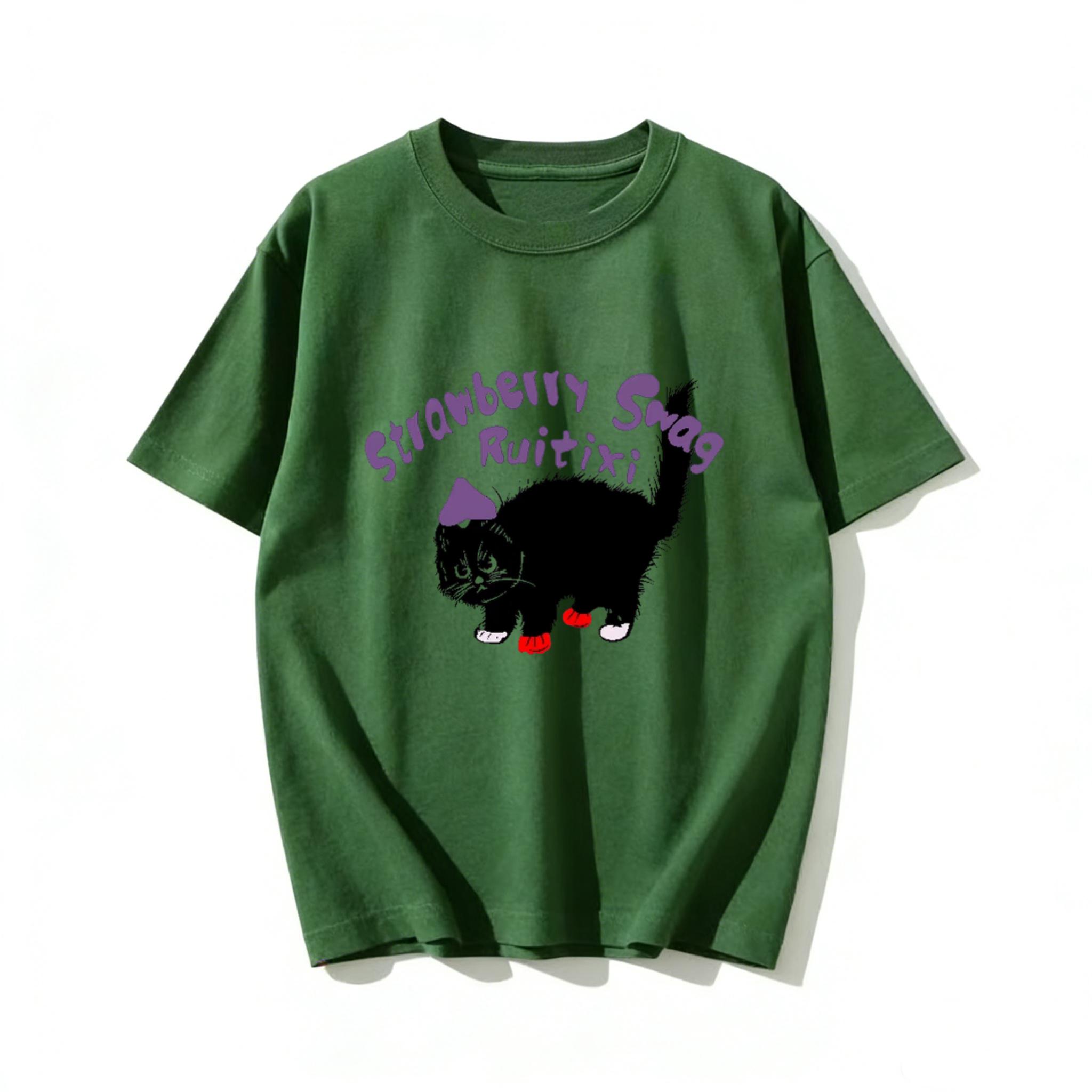 Adult and Childrens Harajuku Style Little Black Cat Graffiti Pure Cotton Tshirt Couple and Parentchild Style S