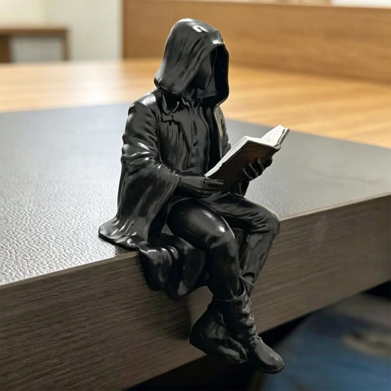 Literary Table Figure with Open Book, Hooded Shelf Decoration for Desk, Home Library, and Quiet Study Display Indoors