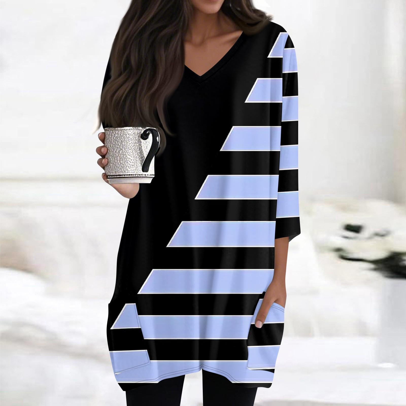 

Женские топы с V-образным вырезом и рукавом 3/4 Блузки Повседневные рубашки средней длины Модные принты Туники Топы с карманами XXXL синий