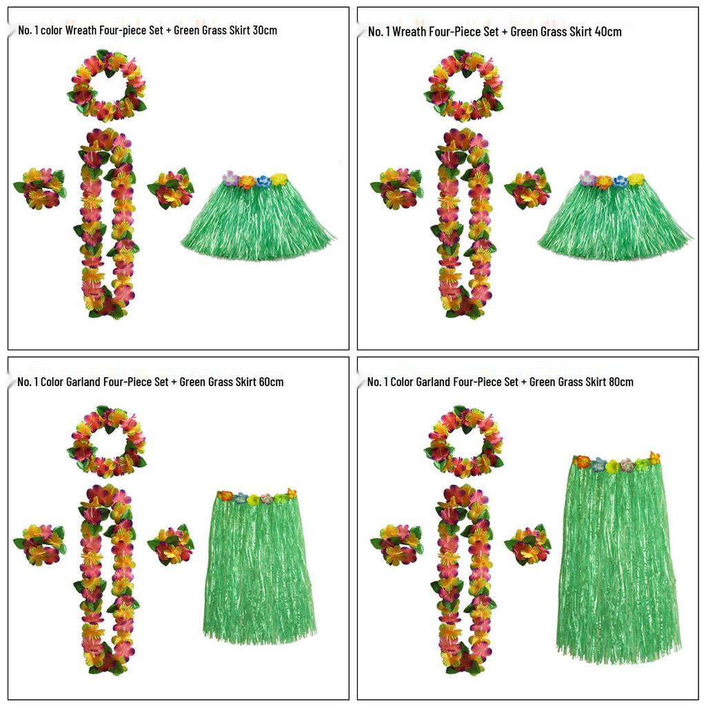 Kaifeng Summer Hawaiian Grass Skirt and Flower Garland Dance Party Set - 5 Pieces (30CM, 40CM, 60CM, 80CM)