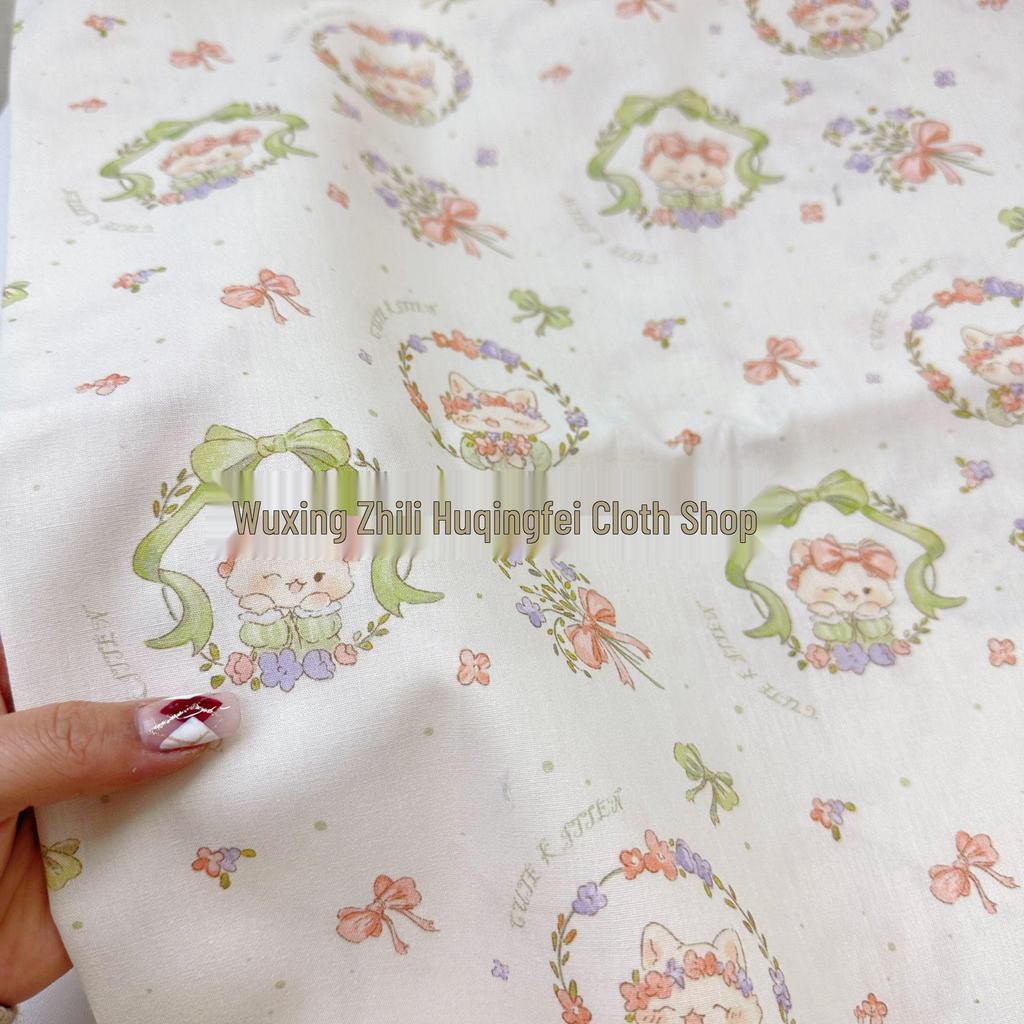 100% Cotton Korean Style Cartoon Kitten Floral Fabric for Women's & Children's Clothing, Family Outfits, Homewear, DIY Projects