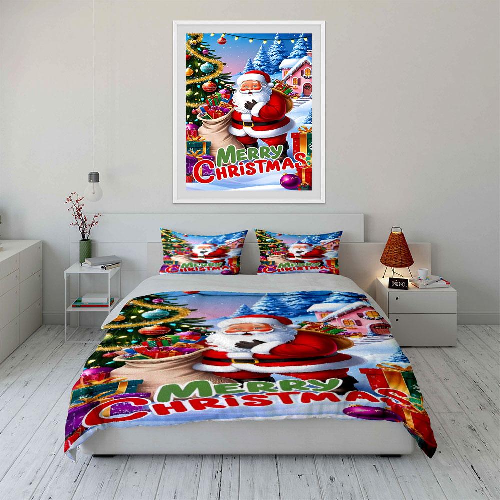 Santa Claus Merry Christmas Scene Bedding Duvet Cover Set Duvet Cover Pillowcases  (1*Duvet Cover 2*Pillowcases, Without Duvet Insert)