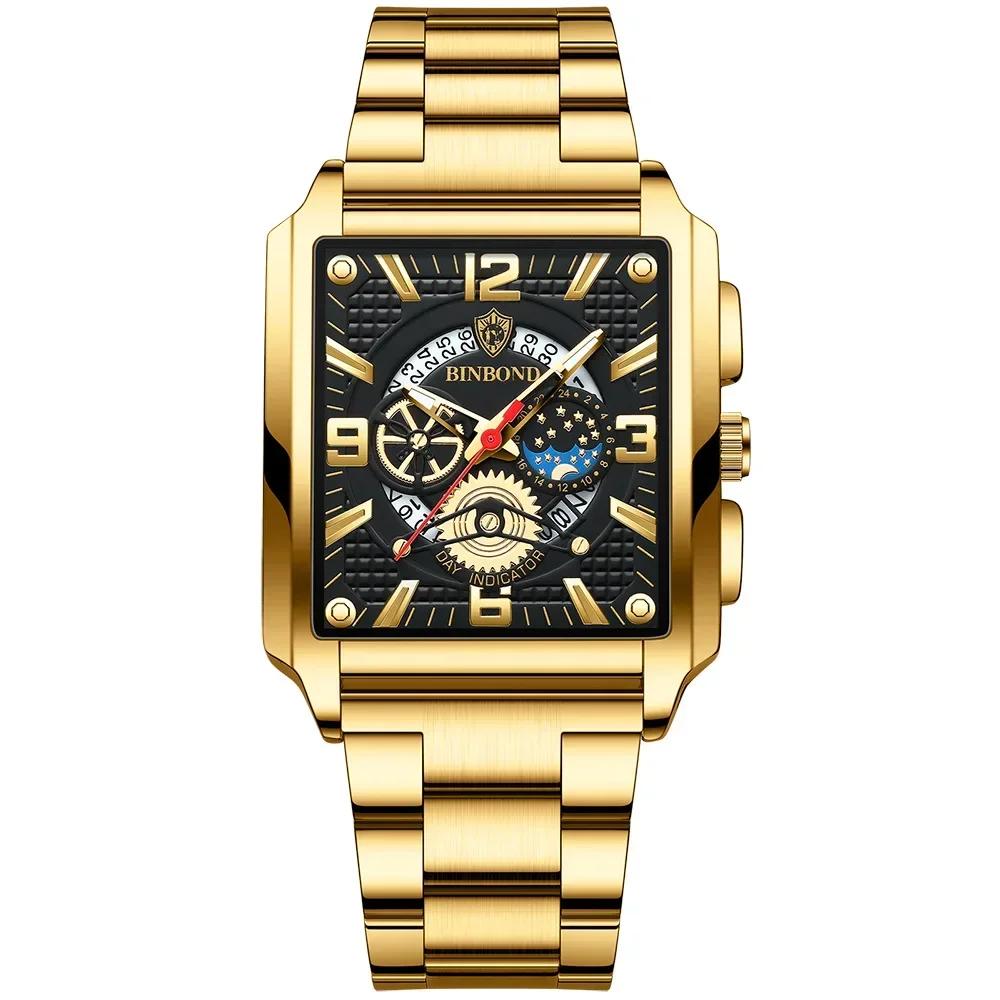 BINBOND Classic Men Watches Square Type Watch for Man Quartz Movement Stainless Steel Waterproof Luminous Date Trend Watch