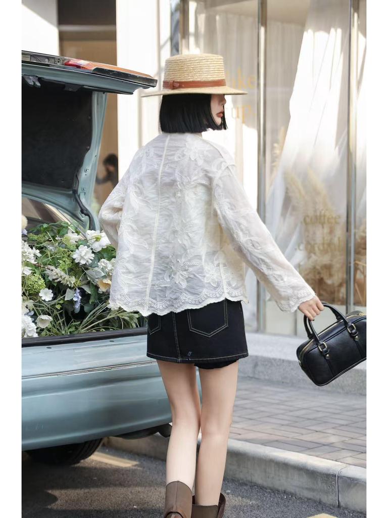 Korean Style Casual Embroidered Long Sleeve Shirt with Irregular Polo Collar