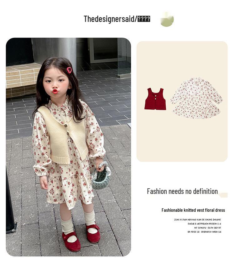 2025 Autumn Floral Dress & Sweater Vest Set for Girls – Fashionable Princess Outfit