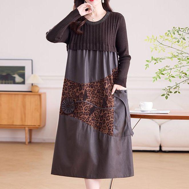 Women's long Sweater Dress Knitted Patchwork PU Leather A-Line Dress Plus Size Knitted Dress for Autumn and Winter ...