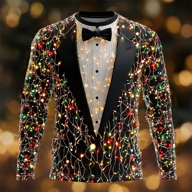 Autumn and Winter Men's 3D Printed Crew Neck Long Sleeve T-Shirt Christmas Tree