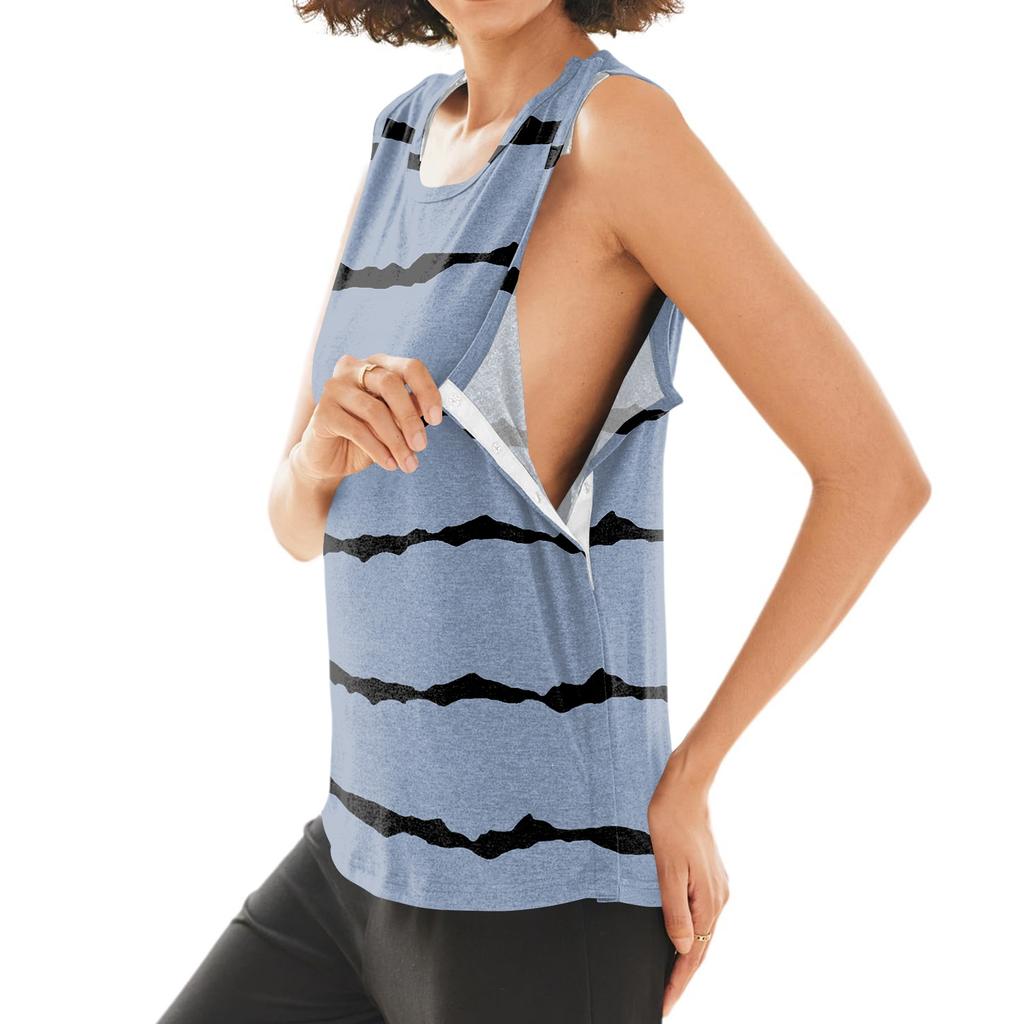 Women Shoulder Surgery Recovery Shirt Sleeveless Top with Snap Buttons Easy Open Design Striped Print Post-Operative Clothing
