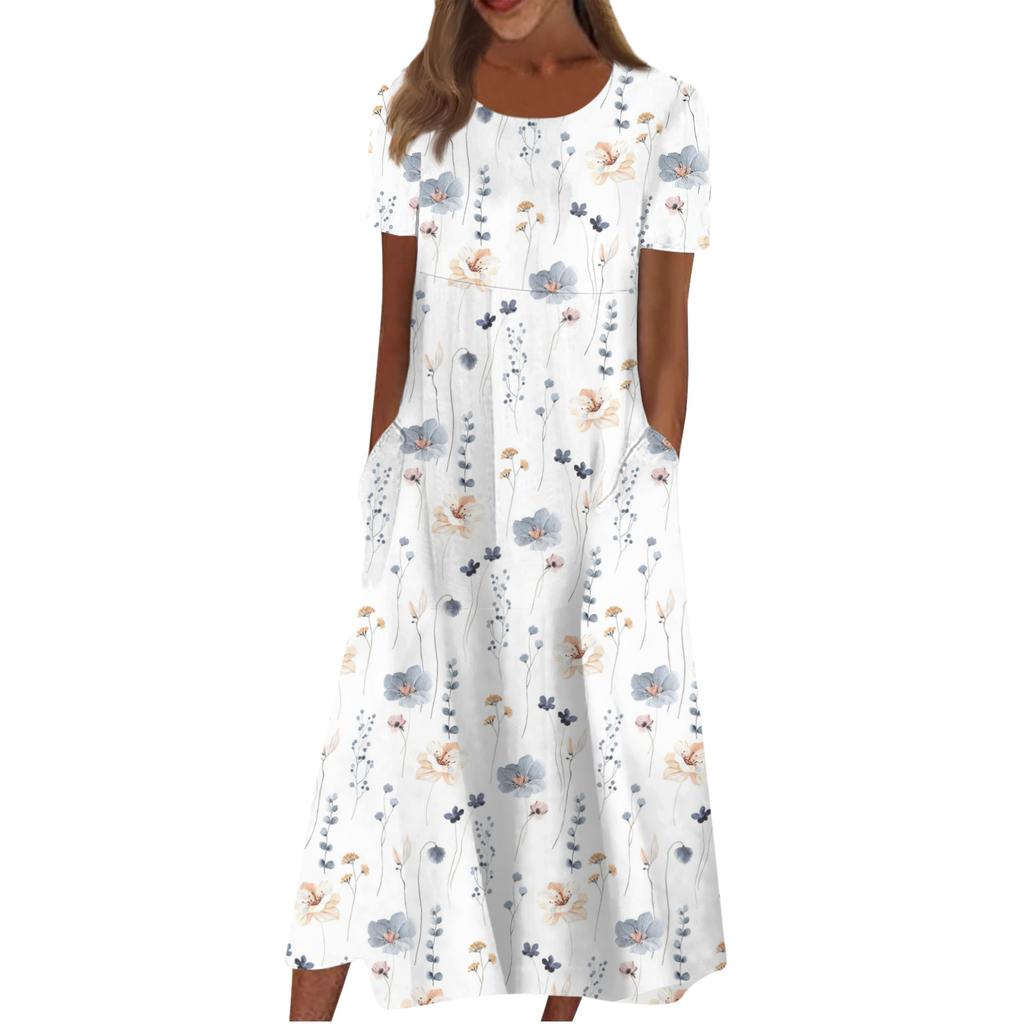 Women's Casual Dresses Printed Dresses Summer Dresses Printed Pleated Round Neck Midi Dresses Basic Outdoor Daily Short Sleeve Loose Dresses