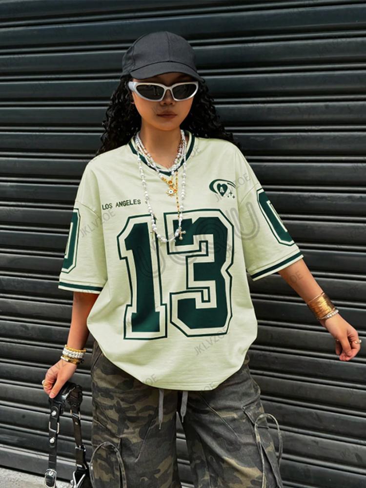 Summer New Retro Black Los Angeles 13 Print T-Shirt For Women V-Neck Short Sleeve Sports Football Jersey Y2K Loose Oversized Top