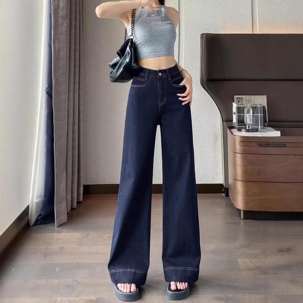 Frühling/Herbst 2024 Hochtaillierte Weitbein-Denimhose in Blau