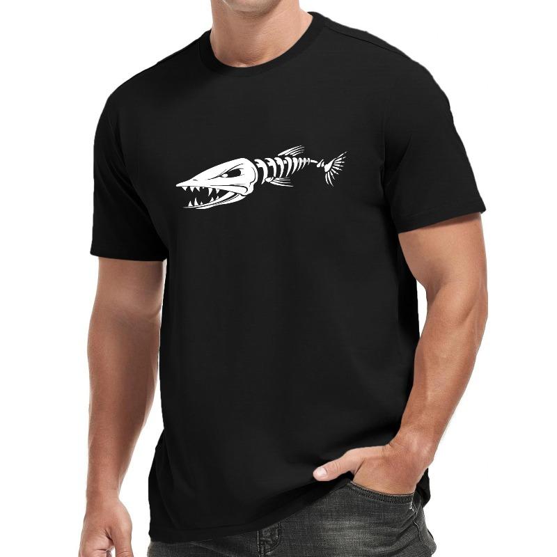 

European Size Fish Bone Print Men s Round Neck Short Sleeve Tee Fashion Regular Fit T-Shirt Top For Spring Summer Holiday Leisure Vacation 3XL чорний