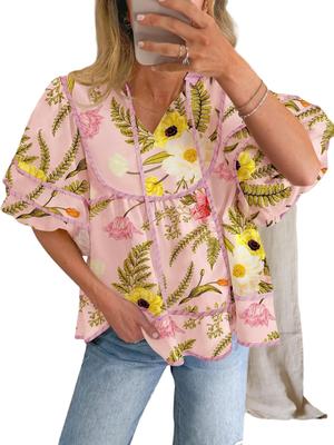 Blusa da Donna Floreale Babydoll Scollo a V Manica Corta a Lanterna Larga Top Estivo