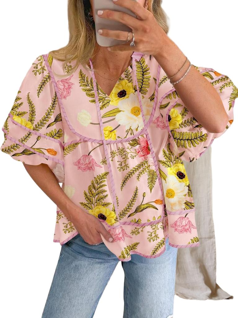 Blusa da Donna Floreale Babydoll Scollo a V Manica Corta a Lanterna Larga Top Estivo