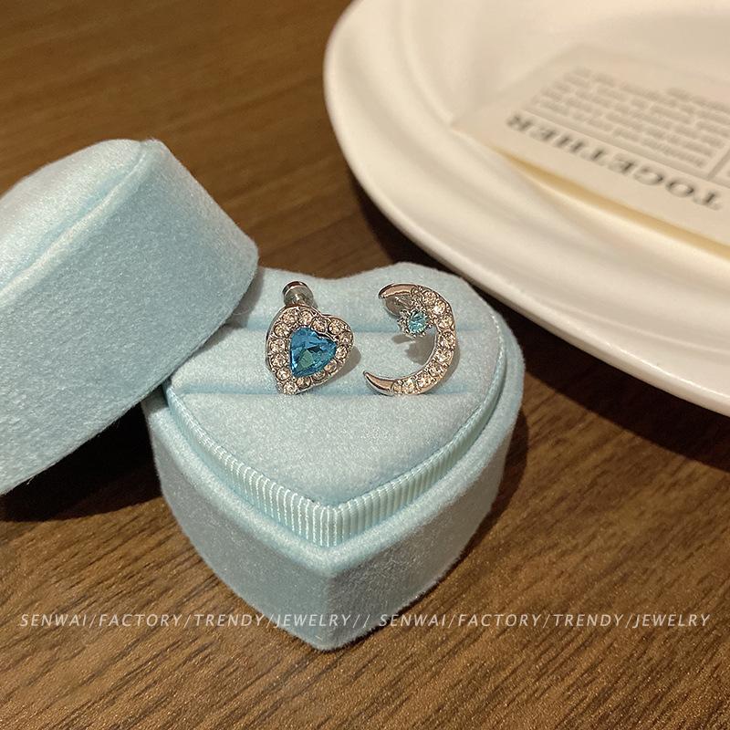 Blue flash diamond series earrings women's light luxury niche design sense love moon cochlear nails sleeping ear jewelry