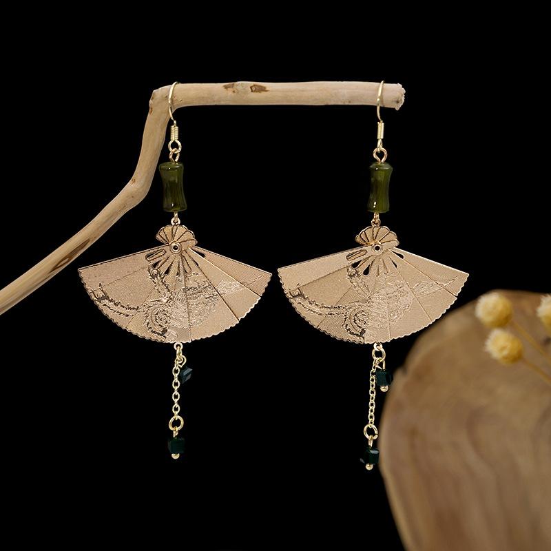 Fan Earrings, Guochao Folding Fringed Fan Stud Earrings, Micro-Carved Bamboo Fan Hanfu Earrings