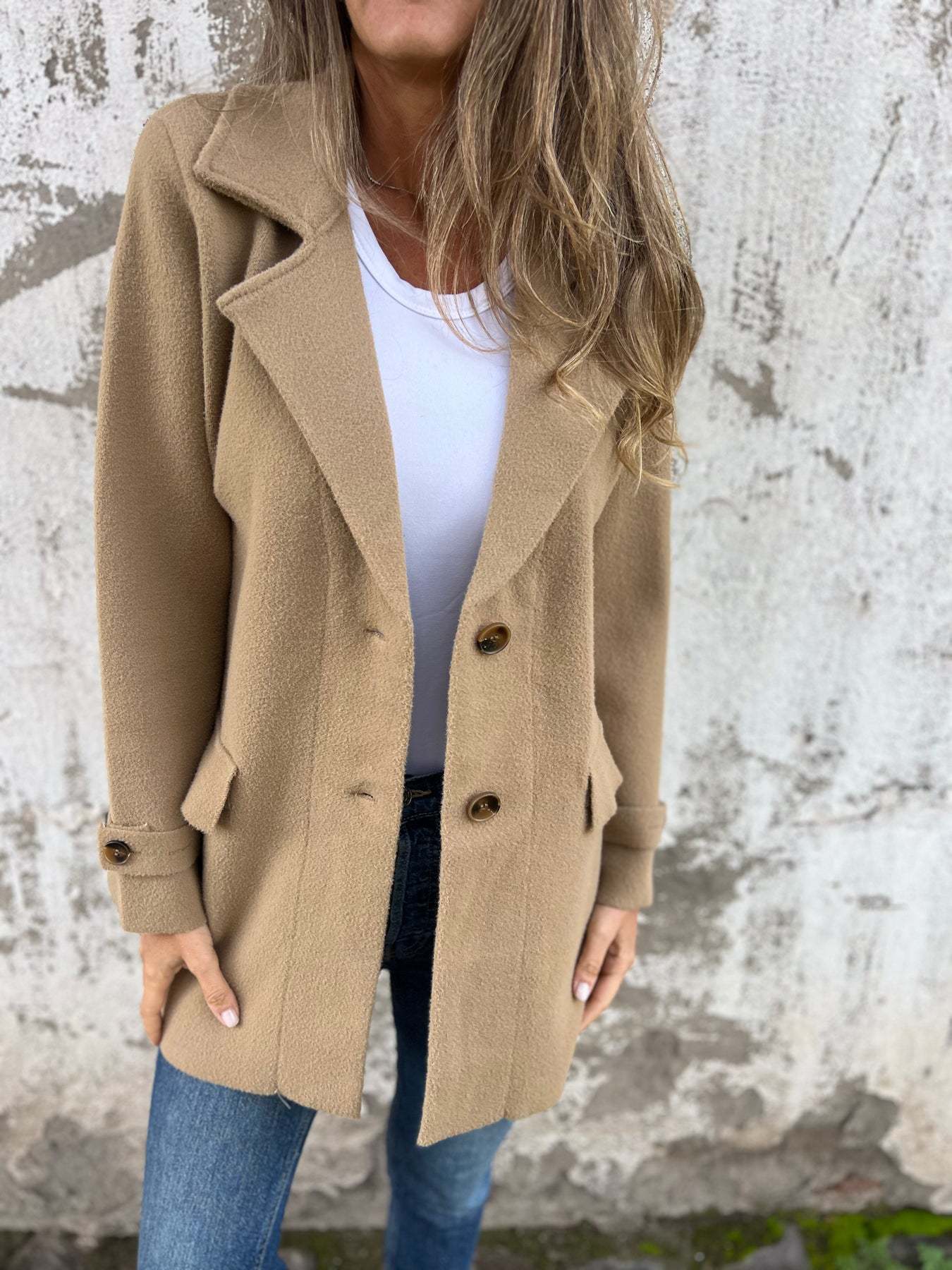 Amazon 2024 European and American cross-border autumn and winter new women s woolen jacket casual loose lapel fake pocket cardigan S хаки