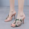 Fashion Liyke High Quality Handmade Embroidery Flower Women Slippers Sandals Fashion Square Open Thin Heels Shoes Female Mules Slides