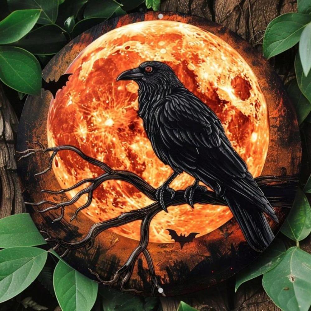 Gothic Raven Red Moon Metal Wall Art Halloween Decor