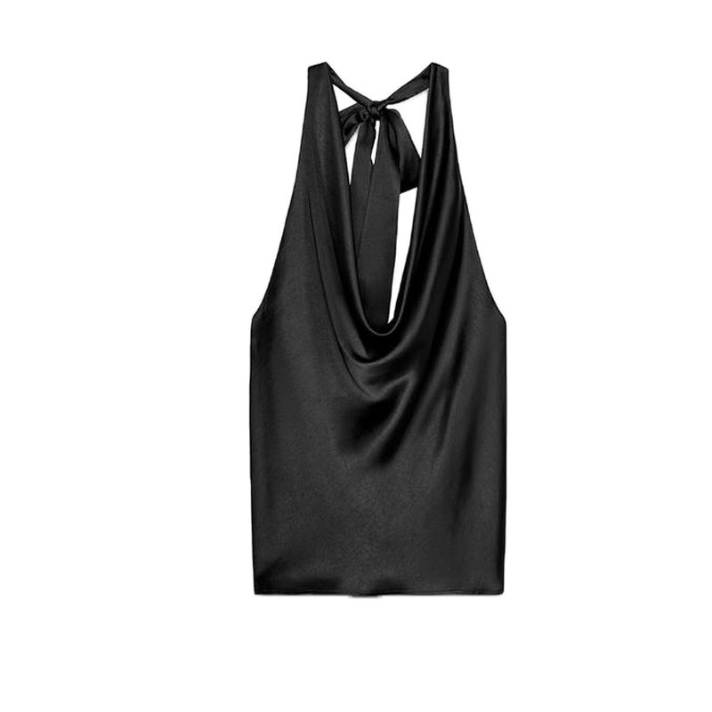 Spring and Summer New Women's Clothing Bowknot Decoration Draped Fashion Hanging Collar Silk Satin Texture Tops 2892650