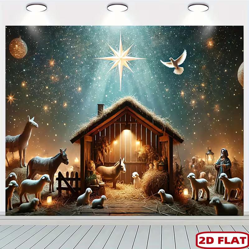 2D Nativity Scene with Stable, Star and Animals Tapestry Christmas Decor 47.2x31.5inch/120*80cm