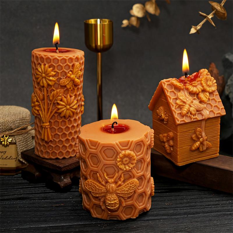 3D Honeycomb Column Silicone Candle Mold DIY Flower Bee Honey Pot  Bee House Designs Candles Plaster Crafts Cute Home Decor