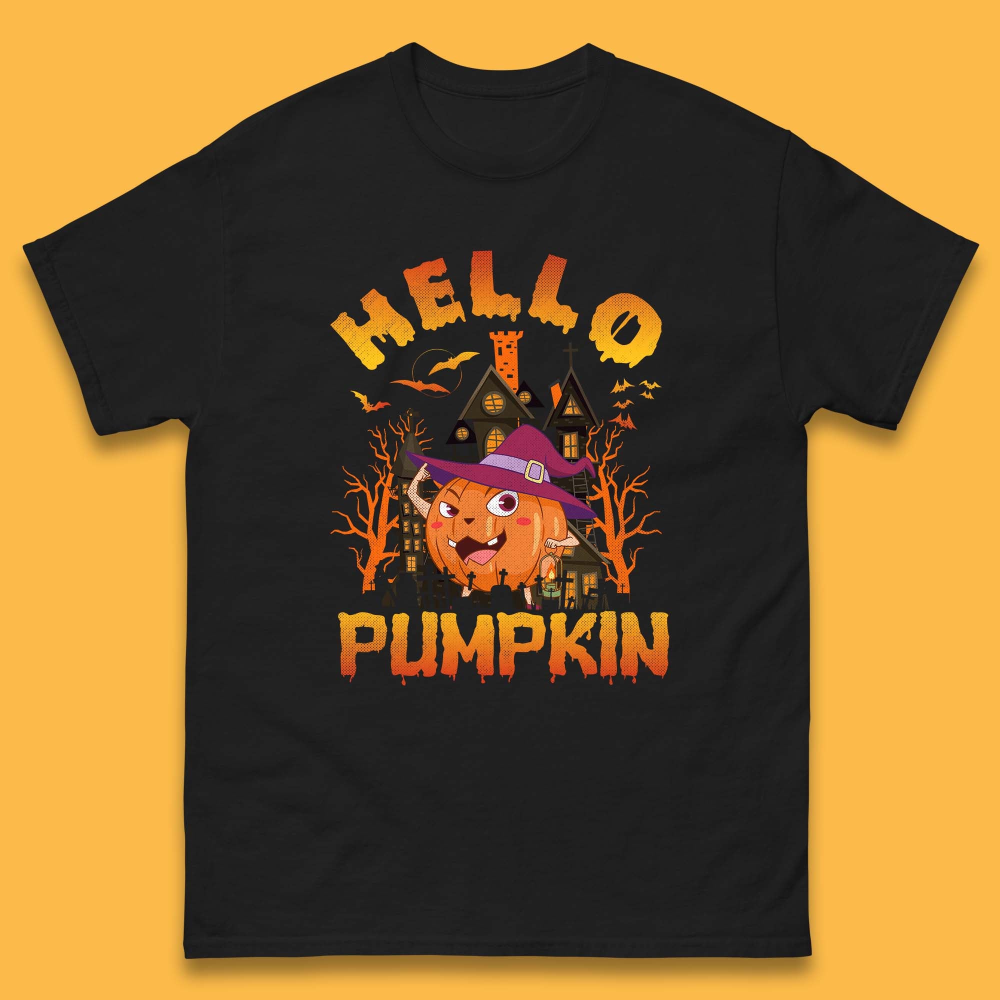 

Hello Pumpkin Cartoon Halloween Pumpkin With Witch Hat Devil Smile Haunted Castle Mens Tee Top L