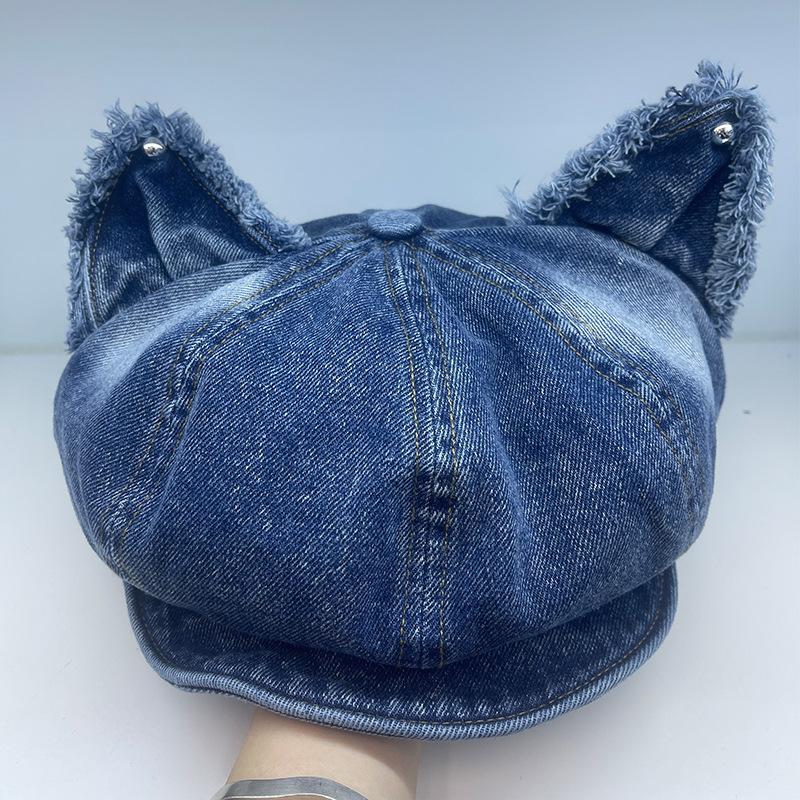 

Японская шляпа с кошачьими ушками с откидным козырьком нового стиля для женщин, восьмиугольная шляпа в винтажном стиле, универсальный берет, милая джинсовая шляпа газетчика M（56-58cm）