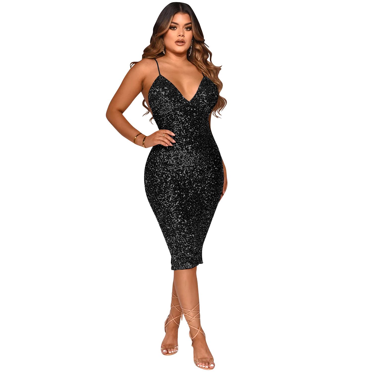 

X5611 Pure Color Sequined Spaghetti Strap V-Neck Midi Dress for Women M чорний