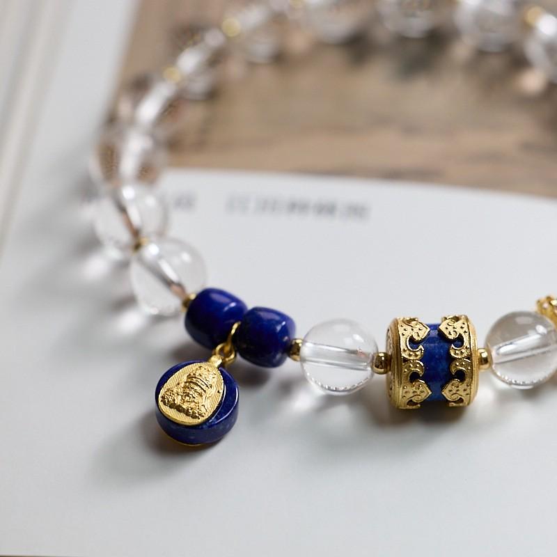 Handmade Natural White Crystal Bracelet With Lapis Lazuli Zha Ji La Mu Charm Ethnic Style Stackable Jewelry Women