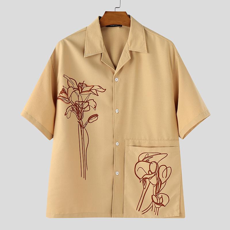 INCERUN Oversized Men Lapel Neck Short Sleeve Buttons Print Casual Shirts