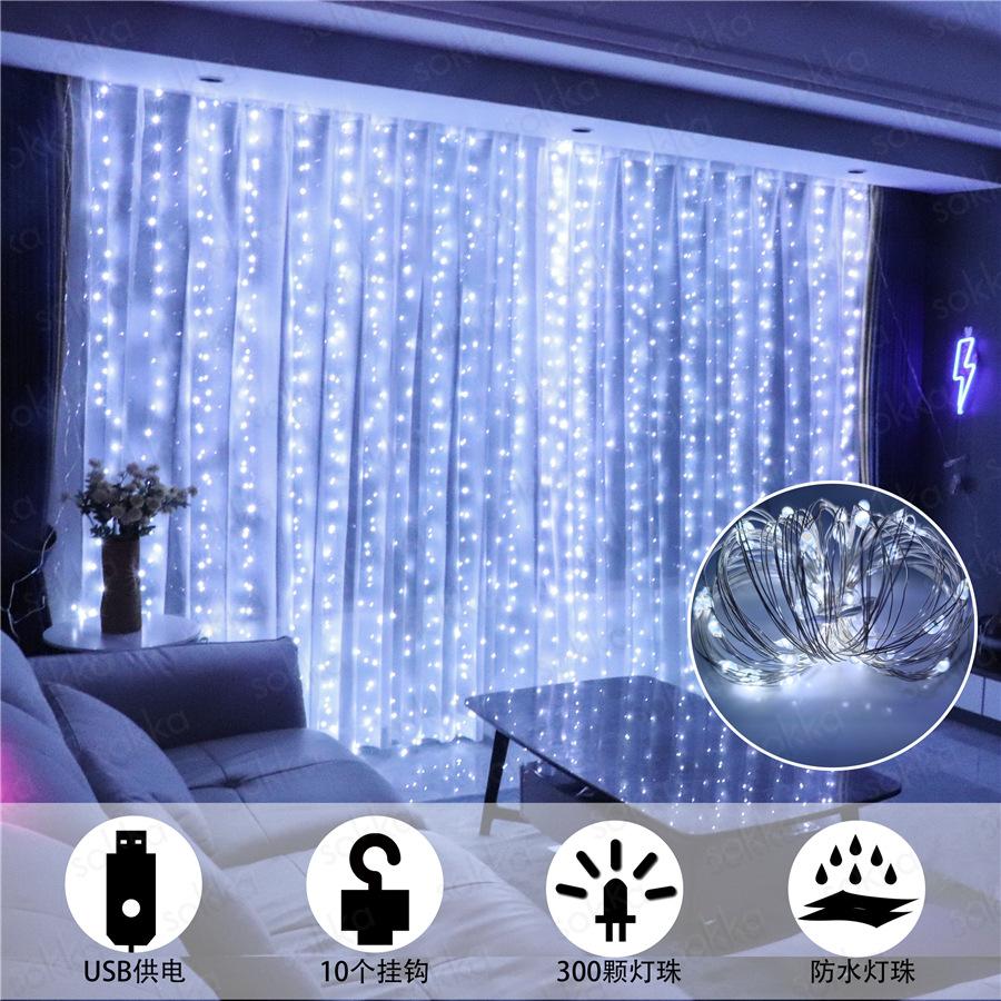 LED Copper Wire Curtain String Lights 3x3m Remote USB Powered Dorm Window Decor