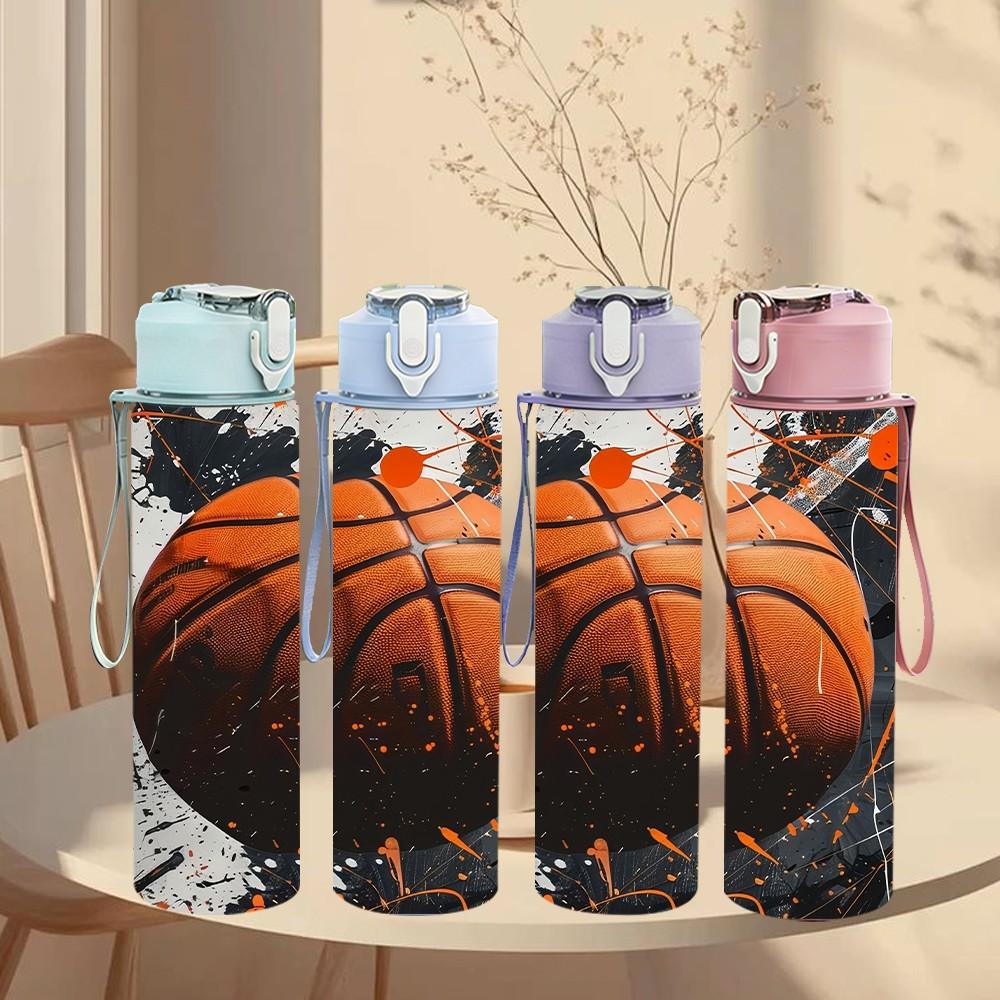 1 Stück Dunkler Spritzer Basketball Sportdruck 750 ml Farbe Kunststoff Sportwasserflasche Auslaufsicher Klappdeckel mit Strohhalm Geeignet für Sport Büro Zuhause